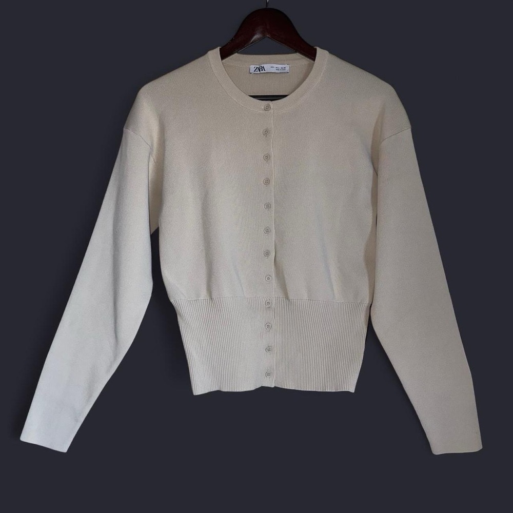 NWOT Zara Women's Beige Smooth Knit Textured Cardigan Sweater Cinch Waist
